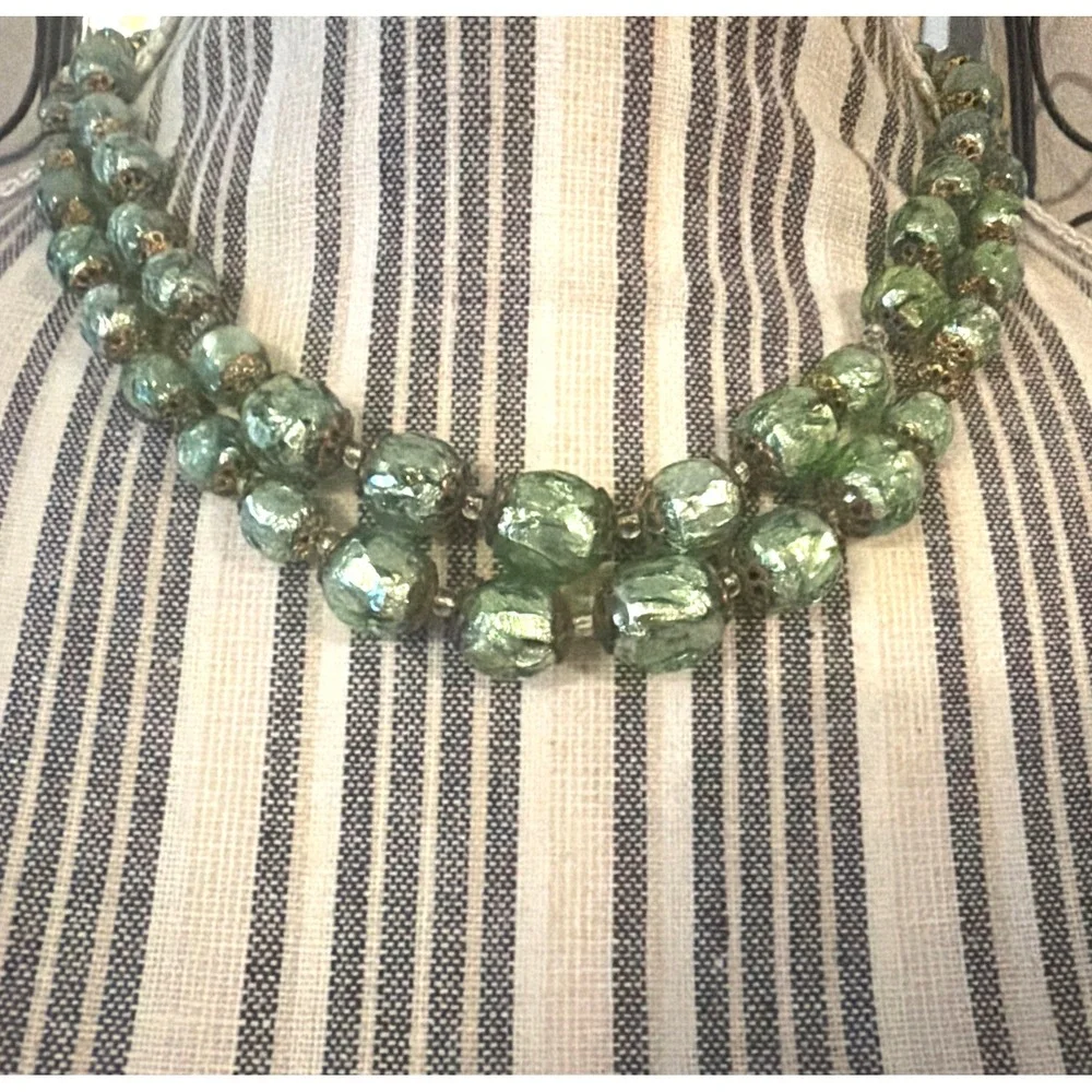 Vintage MURANO GLASS NECKLACE & CLIP EARRINGS Venetian Green Gold-Mario Sanzogno